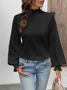 黑色长袖上衣 女士优雅褶皱高领灯笼袖纯色衬衫 - 黑色 - 查看 4