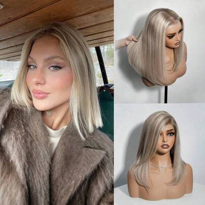 欧洲假发，灰金色直发短款波波头，真人发渐变灰色天鹅绒饰边波波头假发，13x4 直发高清透明蕾丝前假发，100% 真人发假发，自然渐变色假发，180% 密度，12 英寸，14 英寸，女士真人发假发，适合度假、户外娱乐、派对、角色扮演