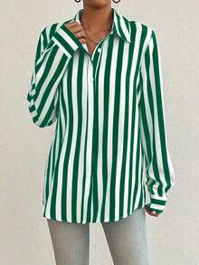 Contrast Color Block Striped Button Front Women Shirt, Loose Striped Blouse For Women Slimming Vintage Niche Versatile Top, Suitable For Daily Life And Valentine's Day - 綠色 - 查看 4