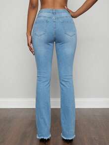 Jkorea Women's High Waisted Ripped Flare Jeans - Light Wash Distressed Bell Bottom Denim Spring Summer Aesthetic