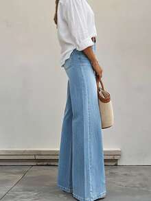 Women's Elegant & Casual Commuter Light Blue Zipper Button Elastic Wide Leg Pants - Light Wash - View 2