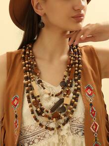 1 Set Handmade Multi-Layer Exaggerated Wooden Bead Necklace, Boho Style Bib Necklace For Women, Suitable For Beach, Party, Middle Eastern Formal Events, Beautiful Jewelry Necklace & Earrings - Brown - View 4