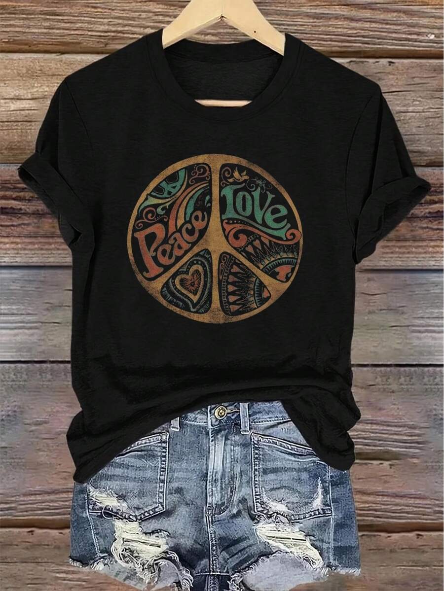 Women 60s70s Retro Hippie Style T-Shirt Peace Love 60s70s Print Short Sleeve Round Neck Top Loose Fit Casual Vintage Tee For Summer Parties Music Festivals Casual Attire Machine Washable - 黑色 - 查看 1