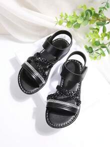 Girls' Black Woven Rhinestone Sandals, Summer Hook And Loop Soft Bottom Open Toe Children's Fashion Sandals - Black - View 2