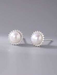 1对女士S925纯银天然珍珠镶嵌钻石耳钉，简约奢华优雅个性化耳环，适合日常佩戴，情人节礼物 - #1 - 查看 4