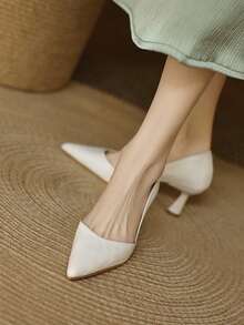 2025新款法式紫色尖头中跟鞋，适合通勤和工作，春秋季，猫跟 - 白色 - 查看 4