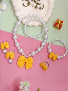 5pcs/Set Girls' Cute Bow Pearl Jewelry Set, Including Necklace, Bracelet, Earrings And Ring, Elegant Princess Style Gift