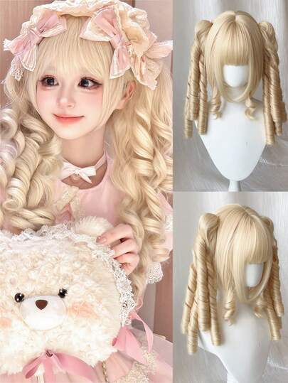 Short Wig With Double Retro Roman Roll Ponytail Synthetic Female Halloween Costume Brown Blonde Cosplay Lolita Wig Double Ponytail Lolita Short Hair With Curly Claw Ponytail 1pc