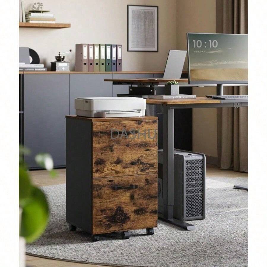 Office Cabinet, Mueble Archivador de 2 Cajones, Archivador Móvil, Soporte Impresora, para Documentos de Tamaño A4, Carta, Carpetas, Marrón Rústico y Negro OFC040B01 - Café rústico + Negro - Ver 1