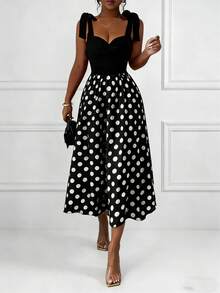 Đầm xòe ôm sát, không tay, thắt nơ, chấm bi, kiểu dáng thời trang mới cho mùa xuân/hè, phong cách châu Âu và Mỹ. - màu đen - Xem 1