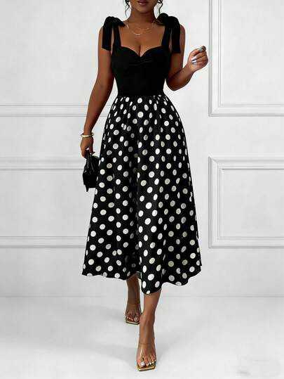 优雅无袖蝴蝶结波点修身喇叭连衣裙，春夏新款时尚单品，欧美风