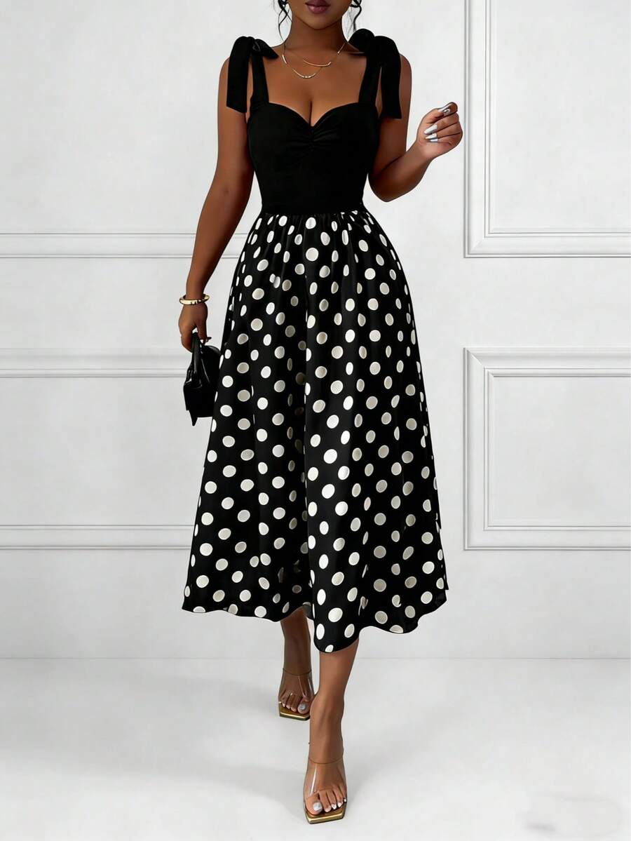 Đầm xòe ôm sát, không tay, thắt nơ, chấm bi, kiểu dáng thời trang mới cho mùa xuân/hè, phong cách châu Âu và Mỹ. - màu đen - Xem 1
