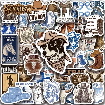  SCXXBSW 50张蓝棕色牛仔布贴纸，酷炫动漫贴纸，装饰贴纸，防水，经典礼品装饰，超值套装，可爱卡通贴纸，防水手机壳装饰。可用于笔记本电脑、手机、水瓶、摩托车、滑板、行李箱等，开启您的DIY创意之旅。万圣节、圣诞节和其他节日送礼佳品。