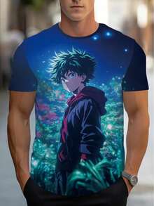 Men'S Short-Sleeve T-Shirt Featuring A 3D Anime Print, Made From Lightweight, Perfect For Casual Outings And Everyday Wear, Available In Bright Blue And Green Shades With A Sturdy Design. - 彩色 - 查看 1