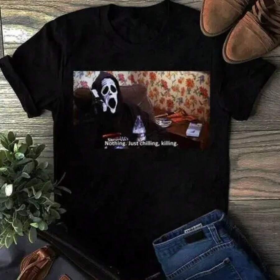 Scream Ghost Face Just Chillin Killin T-Shirt Funny Ghostface Calling TR8B - trắng - Xem 1