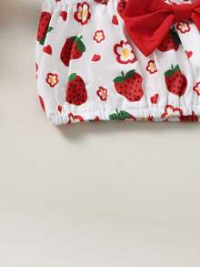 2pcs Baby Girls Cute Fashion 3D Bow Strawberry Flower Heart Print Camisole Top And Layered Tutu Skirt With Hat, Spring/Summer - White - View 6