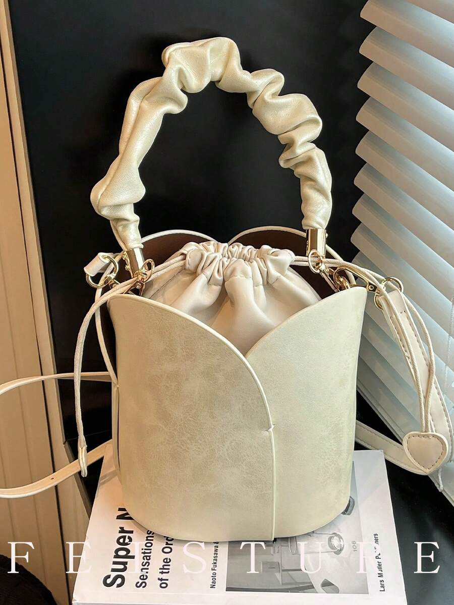 1pc Ruched Drawstring Bucket Bag, Fashionable Solid Color PU Fabric Shoulder Crossbody Bag, Suitable For Girls, Women, College Students, Young Professionals, Great For Work, Business, Commute, School - Beige - View 1