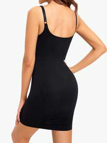 女士塑身连衣裙 全罩式吊带收腹塑形衣 V领可调节细肩带 - 黑色 - 查看 4