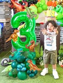 43件套恐龙气球套装，包含绿色数字和迷你恐龙铝箔气球以及绿色乳胶气球，适用于恐龙主题生日派对、恐龙主题派对装饰、丛林恐龙主题装饰、室内外摄影、节日活动、派对和迎婴派对装饰。 - 彩色 - 查看 4