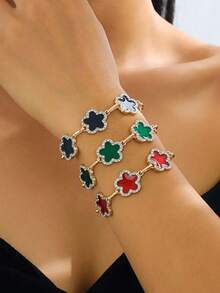 Minimalist High-End Inlaid Oil Drop 5-Petal Flower Bracelet, Suitable For Women's Daily, Date, Party Wear