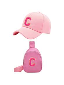 Set de 2 piezas: Gorra de béisbol con letra A-Z y bolsa de almacenamiento a juego, sombrero casual de protección solar para exteriores, adecuado para niñas, primavera/otoño, apto para viajes, playa, vacaciones - Rosa - Ver 5