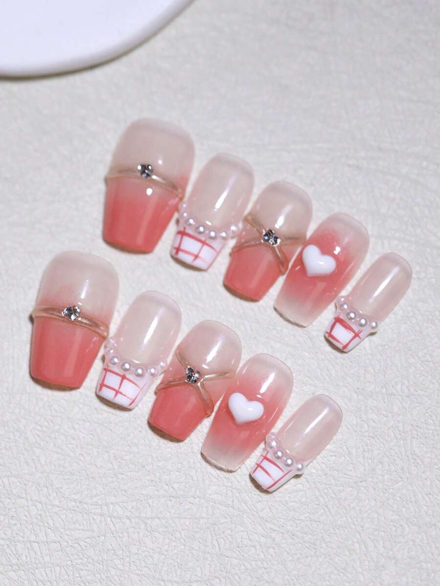 韩日风可爱甜心珍珠美甲贴片10片装，短款棺材形，100%纯手工制作，撞色腮红粉配金属线条，可重复使用，四季美甲用品 - 西瓜粉 - 查看 1