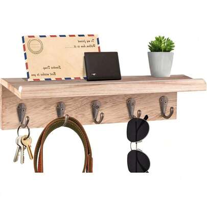 Vintage Wooden Wall Mounted Key Holder Rack With 5 Metal Hooks, Storage Shelf, Suitable For Entryway, Hallway Or Mudroom Wall Decor