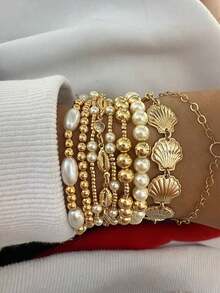7pcs/6pcs Vintage Elegant Boho Jewelry Set, Ocean Style Faux Pearl, Heart, Shell, Fan-Shaped Beaded Bracelets, Personalized Simple High-End Layered Bangle Bracelets, Suitable For Women Summer Beach Party, Dating, Daily Wear - 黃金 - 查看 2