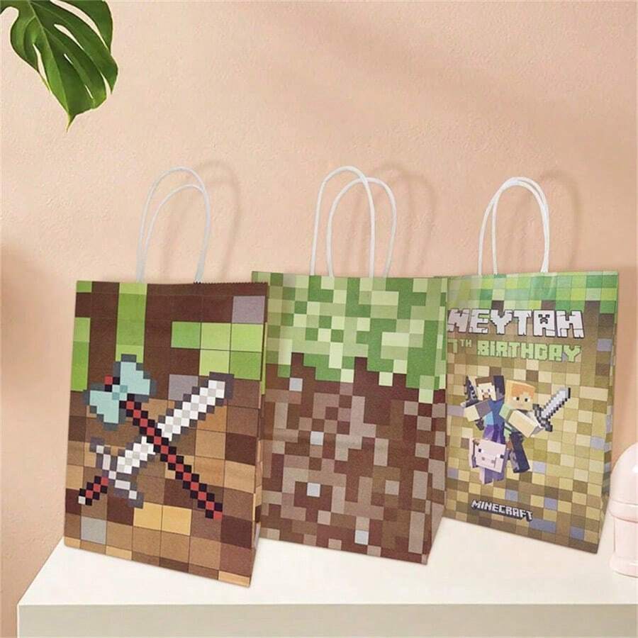 12个装我的世界主题礼品袋，糖果袋，适用于家庭生日派对装饰、回礼袋、学校活动礼物 - 彩色 - 查看 1