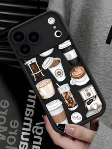 1pc Luxury Durable Healing Coffee Theme 2D Pattern Full Coverage Anti-Slip Soft TPU Phone Case, Compatible With Apple 17, 16, 15, 14, 13, 12, 11 PRO/PRO MAX/PLUS And Galaxy Series, Suitable As Gifts For Couples, Best Friends, Office, New Year, Valentine's Day, Easter, Ramadan - Black - View 2