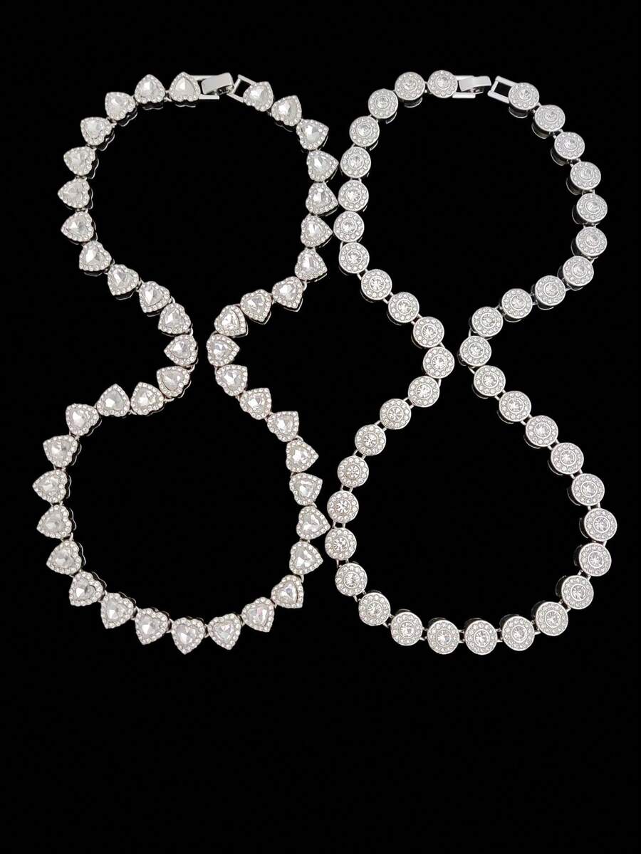 1pc Women's Punk Rock Heart & Circle Chain Necklace, Fully Rhinestoned Chain Necklace, Fashionable & Elegant Jewelry, Suitable For Daily Wear Or Parties, Valentine's Day Gift, 2 Styles Available - Silver - View 1