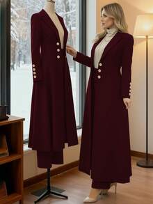 Women's Elegant Commuter 2 Pieces Set, Burgundy Long Waist-Cinched Vintage British Double-Breasted Coat Paired With Simple Casual Straight-Leg Pants, Spring - Burgundy 18 - View 1