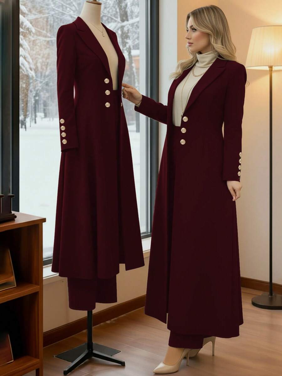 Women's Elegant Commuter 2 Pieces Set, Burgundy Long Waist-Cinched Vintage British Double-Breasted Coat Paired With Simple Casual Straight-Leg Pants, Spring - Burgundy 18 - View 1