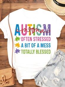 Autism Mama Often Stressed A Bit Of A Mess Totally  T Shirt For Autism Awareness Motherhood Gift Summer Outfit,220g - 白色 - 查看 3