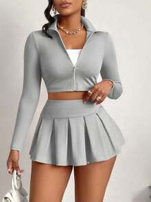 Women's Sexy 2-Piece Set, Slimming Top And Girly Style Safety Pants/Skirt, Suitable For Sports, Daily Life, Tennis, Casual Elegant Zipper Pleated Design, Autumn/Winter - 灰色 - 查看 7