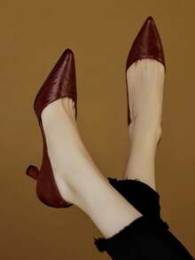 2025新款法式紫色尖头中跟鞋，适合通勤和工作，春秋季穿着 - 酒紅色 - 查看 2