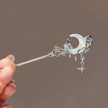 1pc Moonstone Star Hair Clip, Modern Chinese Style, Elegant Moon Hair Accessory, Unique Hair Ornament - Silver - View 5