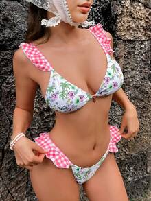 Conjunto de bikini casual de estilo elegante y de moda para mujer, con estampado de palmeras, parches, cuadros rosas, volantes y diseño sexy Y2K, adecuado para fiestas, atuendos primaverales, entretenimiento y vacaciones, romántico, de diseño de moda único, estilo bohemio, para viajes y recreación diaria - Multicolor - Ver 4