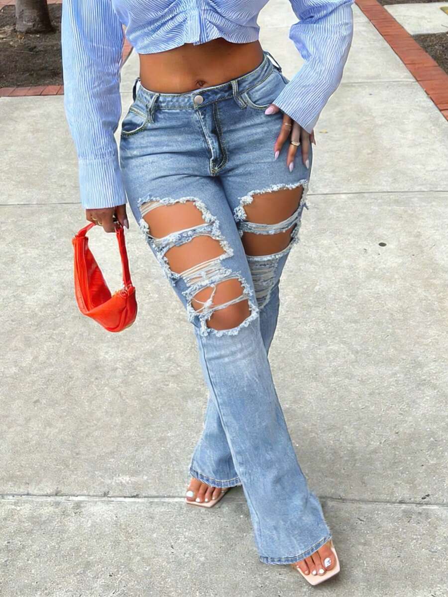 Quần jeans ống loe rách gối, chất liệu denim mài, đa năng dành cho nữ, phù hợp cho đi làm, đi nghỉ mát và hẹn hò. - Rửa trung bình - Xem 1