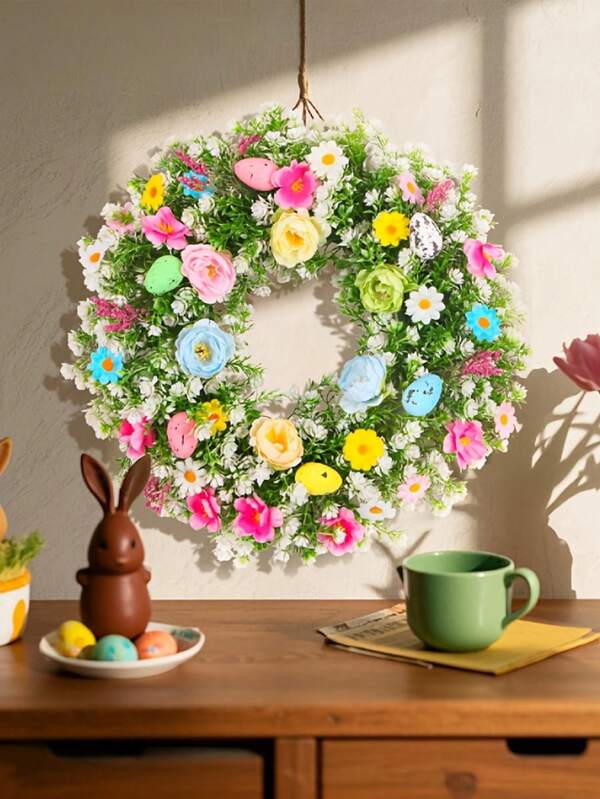 Corona de Pascua, Corona de Pascua con huevos de Pascua, bayas y eucalipto, adecuada para decoración del hogar, decoración de mesa de comedor, decoración de Pascua, decoración de habitación de Pascua, escenario de Pascua, plantas artificiales para la primavera. Feliz Pascua, Corona de primavera