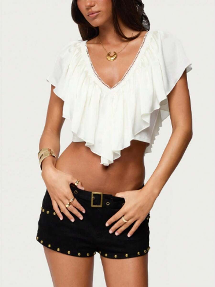 Women's Ruffled Cropped Knit Tops: Elegant Solid Hue, Delicate Lace-Trimmed, Adjustable Tie-Back With V-Neck Summer Tops - White - View 1