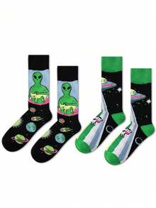 2 Pairs Unisex Black Background Alien Pet Printed Breathable Funny Crew Socks, Suitable For All Seasons Casual Wear - Multicolor - View 3