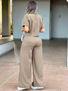 Two Pieces Set Spring/Summer Women's Fashion Solid-Color Casual Set Lapel Front-Button Pocket Short-Sleeve Top High-Waisted Button-Up Zipper Straight-Leg Pants Two Pieces Set Elegant - Khaki - View 4