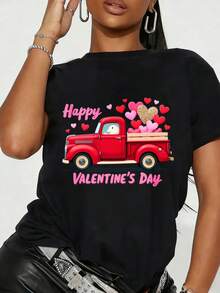Valentine's Day Element Print Heart Print T-Shirt Loose Comfortable T-Shirt T-Shirt Printed T-Shirt Women's Casual Sports T-Shirt - màu đen - Xem 4