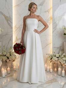 Premium Tailored Long Straight Neckline Wedding Dress - 白色 - 查看 2