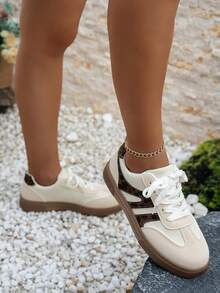 女士金色亮片拼接皮革圆头系带厚底低帮多功能时尚休闲运动鞋，橡胶鞋底防水防滑耐磨轻便平底鞋，春秋新款百搭日常休闲鞋 - 米色 - 查看 3