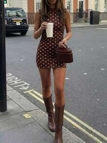 Women's Polka Dot Print Round Neck Sleeveless Ruched Fitted Fashionable Mini Dress - Brown - View 6