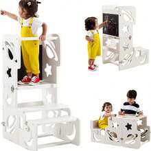 Habitdesign Torre De Aprendizaje con Pizarra y Respaldo para Niños Nivel 3 Banco Escalera 3 En 1 Mesas y Sillas para Niños Taburete De Cocina/Baño,Regalos para niñas De 1 a 3 Años (Blanco) - Blanco - Ver 2