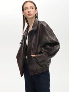 Women's Loose Faux Leather Casual Long Sleeve Stand Collar Jacket - Brown - View 6