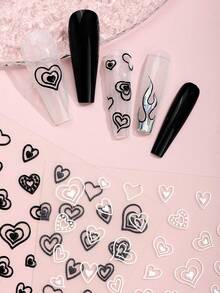 6pcs 5D Embossed Heart Nail Stickers, - Valentine's Day Black & White Heart Nail Art Decals For Women's DIY At Home